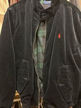 Polo by Ralph Lauren Black Corduroy Bomber Jacket with Red Polo Logo